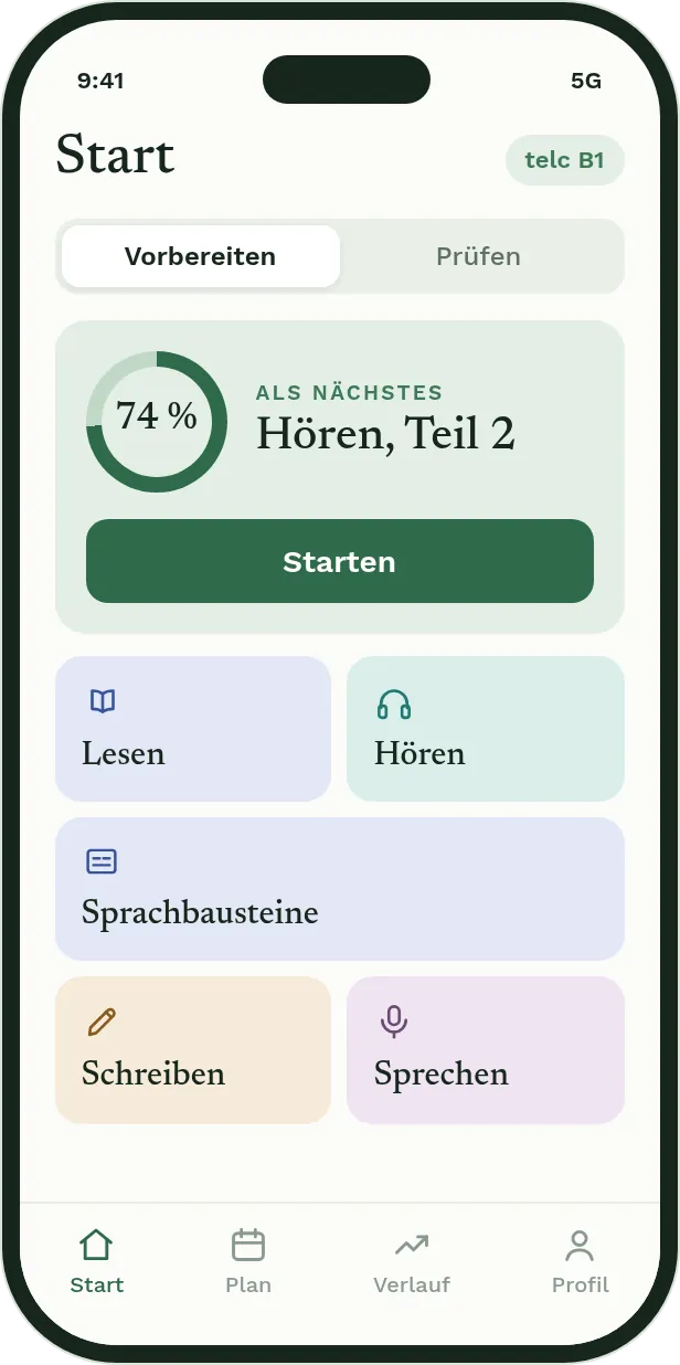 Der Start-Bildschirm der App: Prüfungsreife 74 %, als Nächstes Hören, Teil 2, und die fünf Module.