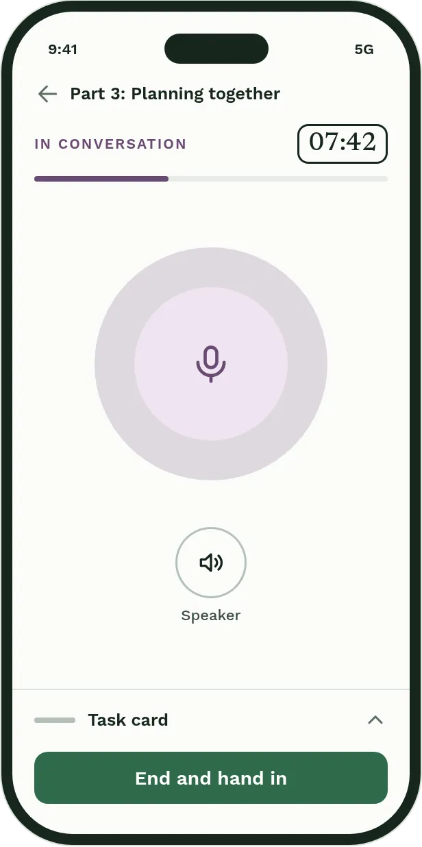 The app in conversation: part 3, planning together, with its clock and task card.